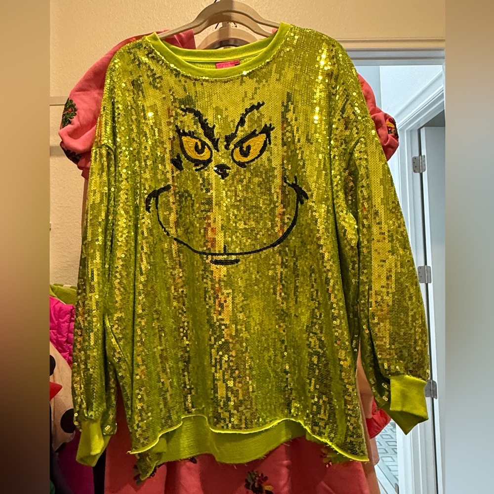 QUEEN OF SPARKLES Grinch Green Sequin Sweatshirt xxl
